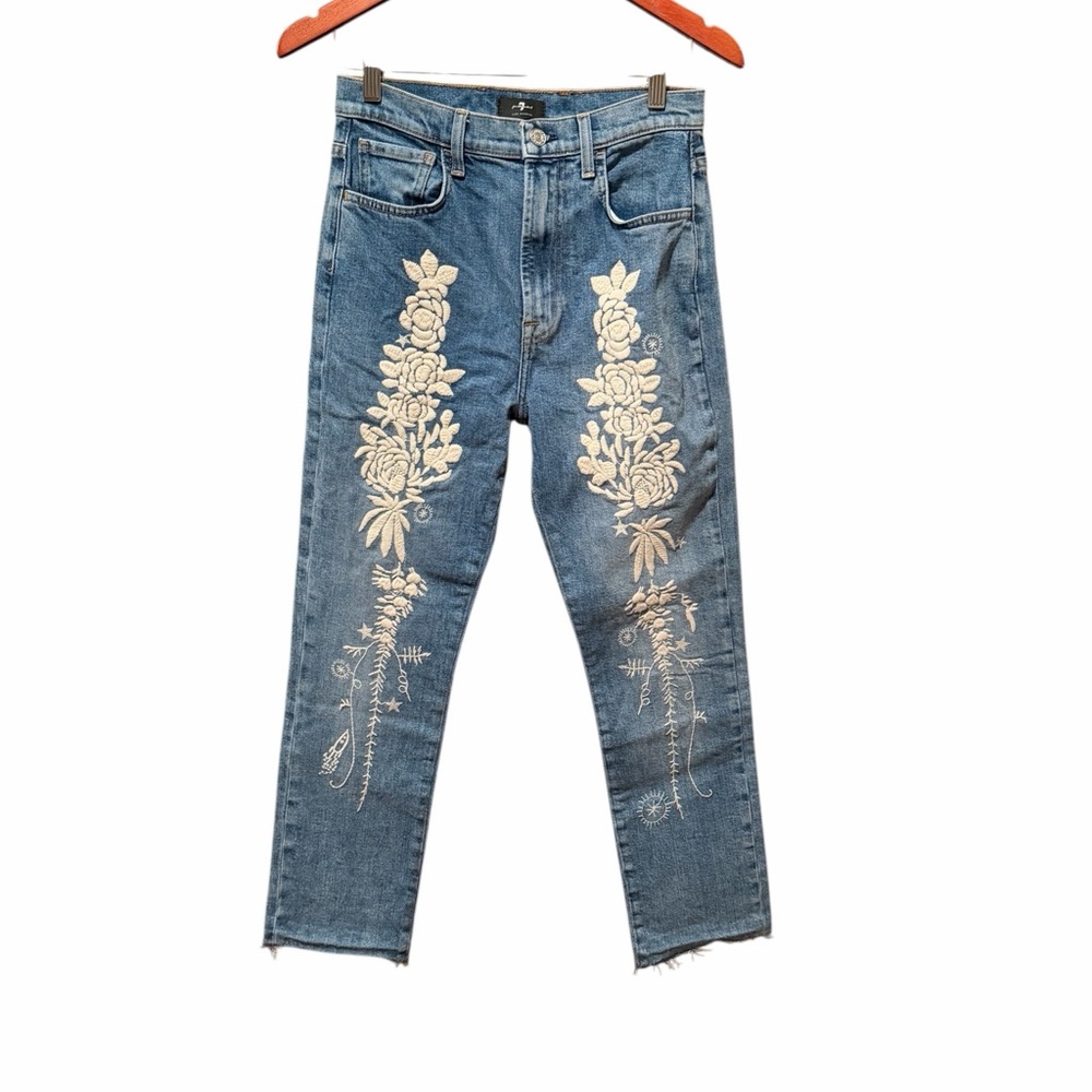 7 For All Mankind Blue Denim Straight Leg Jeans with Cream Floral Embroidery - Picture 2 of 6